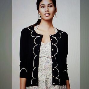Anthropologie Black Cardigan with White Scalloped Trim